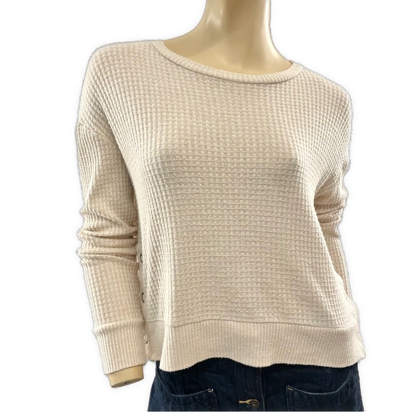 SO- Oatmeal Waffle Knit Thermal Crew Neck Sweater w/ buttons- M - Picture 1 of 13